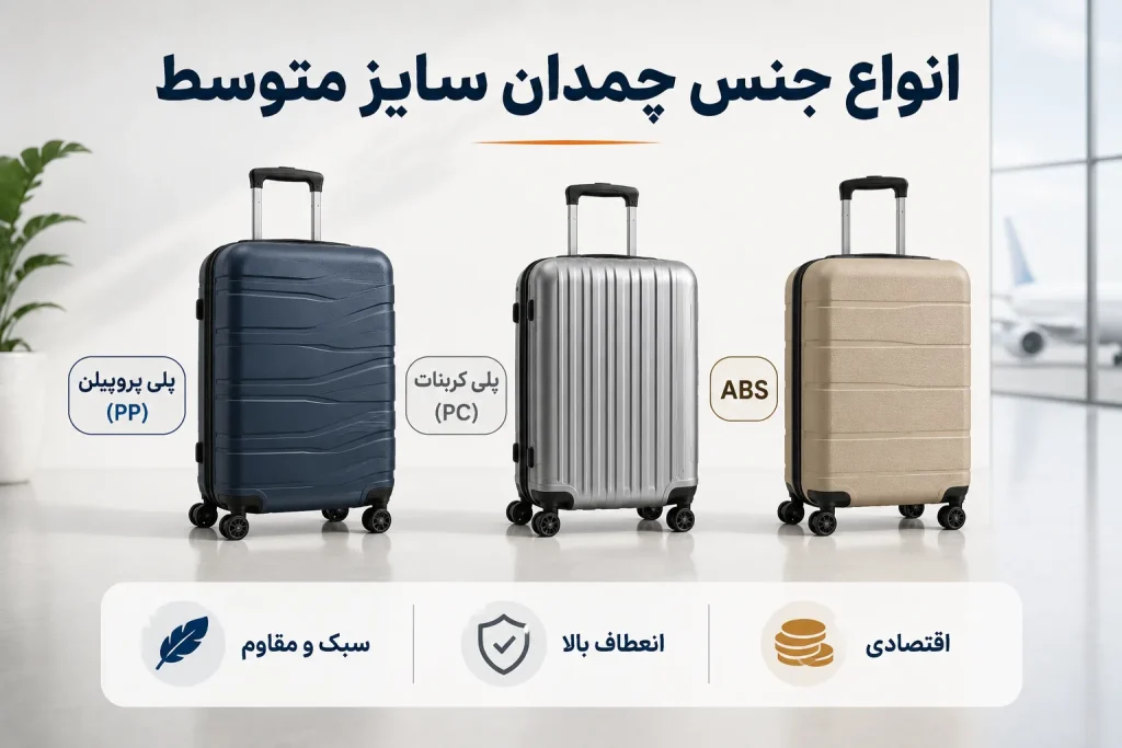 انواع جنس چمدان سایز متوسط (پلی پروپیلن، پلی کربنات، ABS)