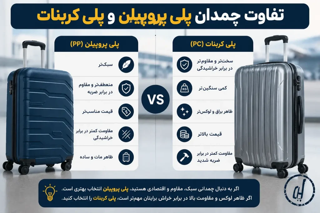 تفاوت چمدان پلی پروپیلن و پلی کربنات