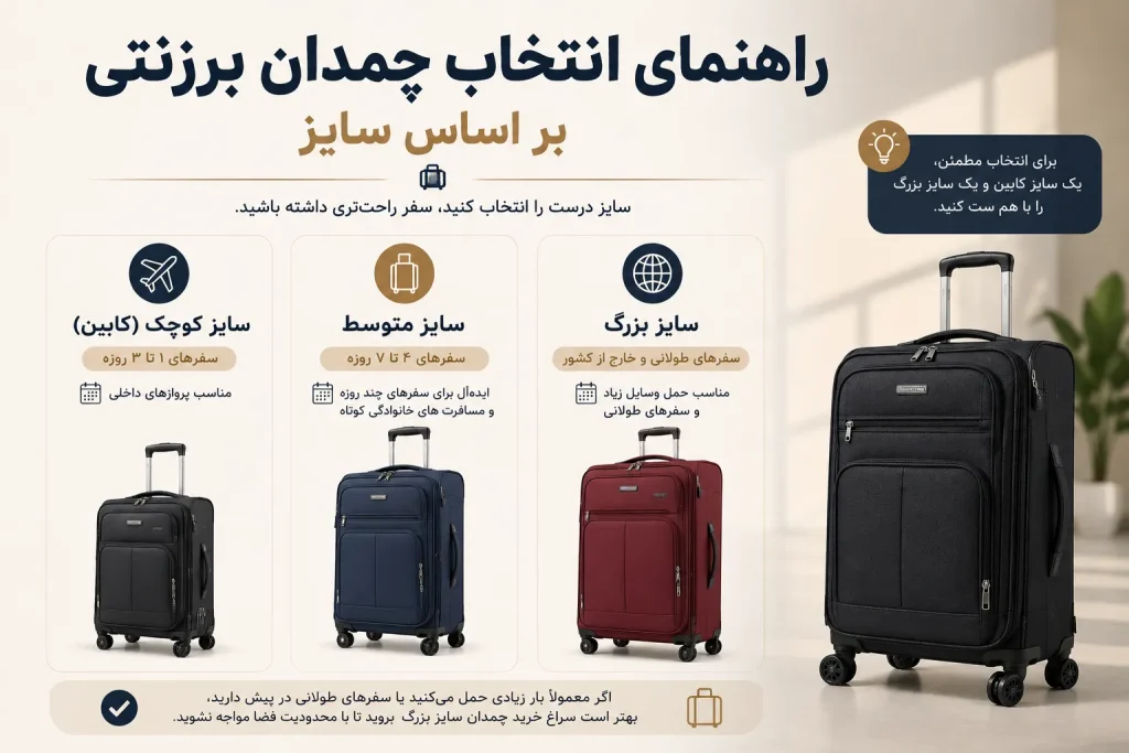 راهنمای انتخاب چمدان برزنتی بر اساس سایز