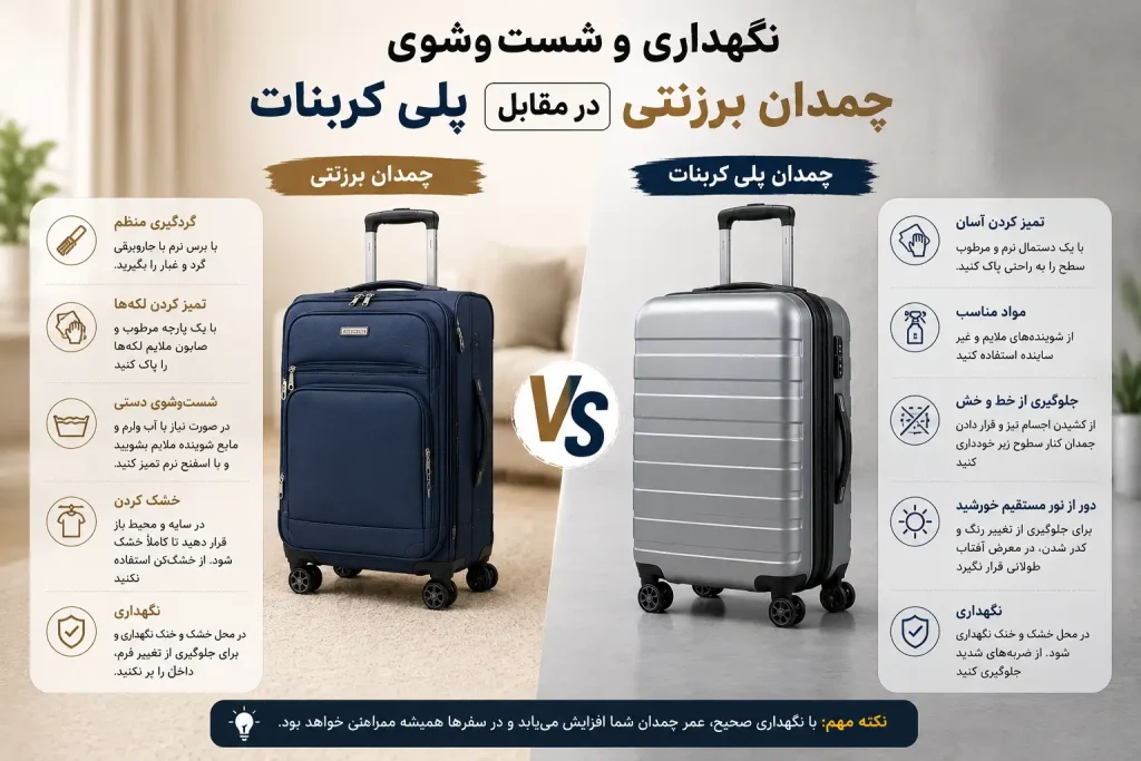 نگهداری و شست‌وشوی چمدان برزنتی در مقابل پلی کربنات