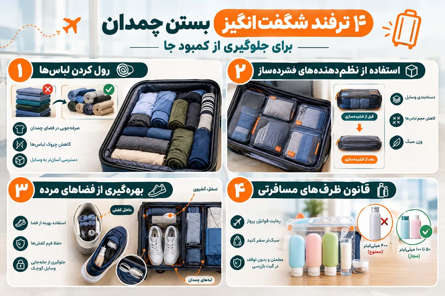 ۴ ترفند شگفت‌انگیز بستن چمدان برای جلوگیری از کمبود جا