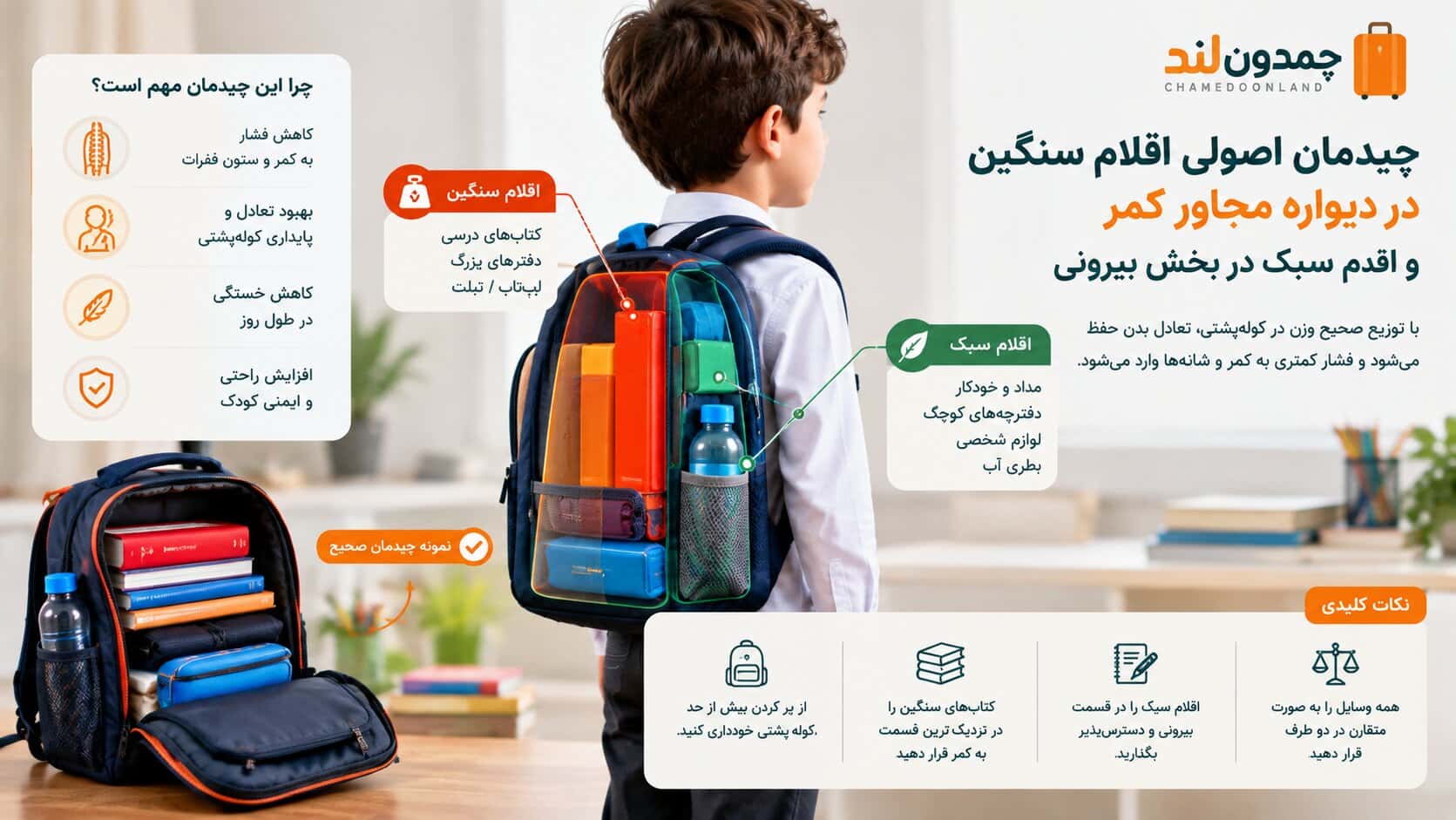 چیدمان اصولی اقلام سنگین در دیواره مجاور کمر و اقلام سبک در بخش بیرونی
