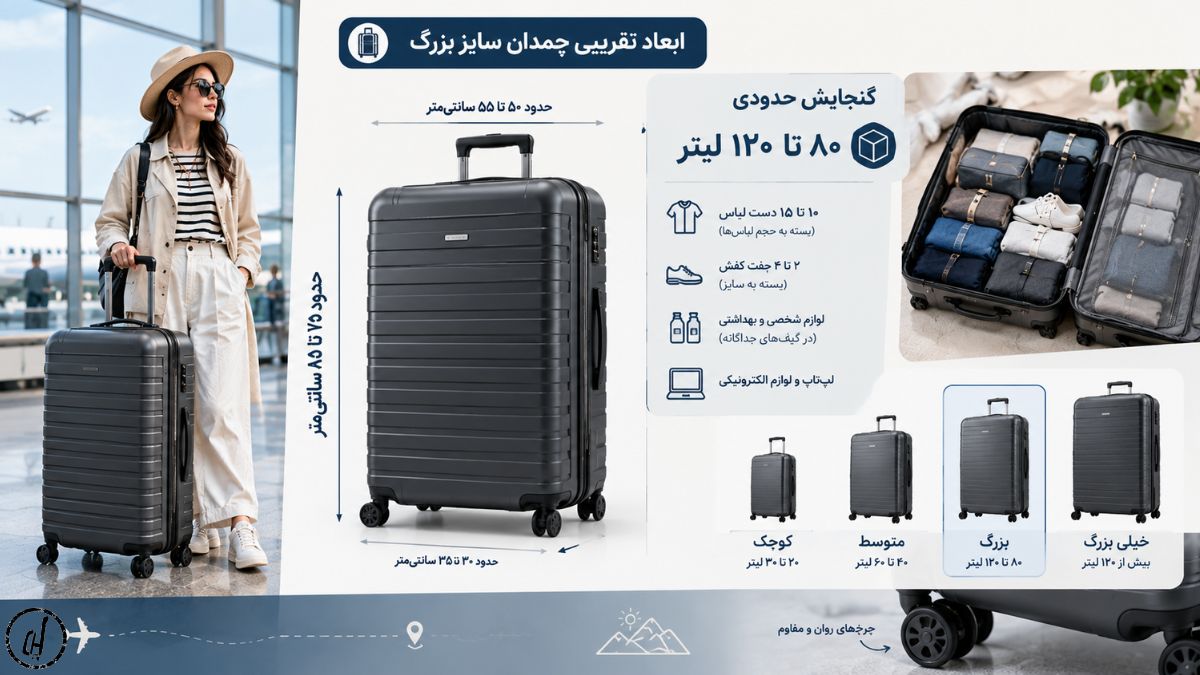 چمدان سایز بزرگ دقیقاً چه ابعادی دارد و گنجایش آن چقدر است؟